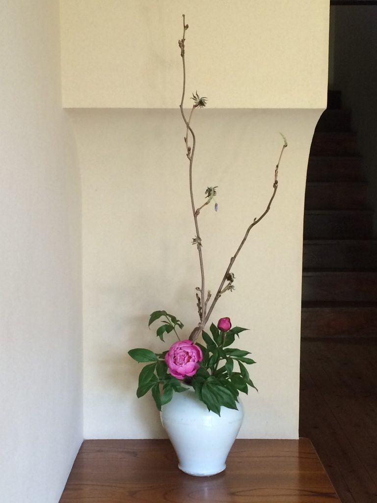古伊万里白磁壺に芍薬と藤