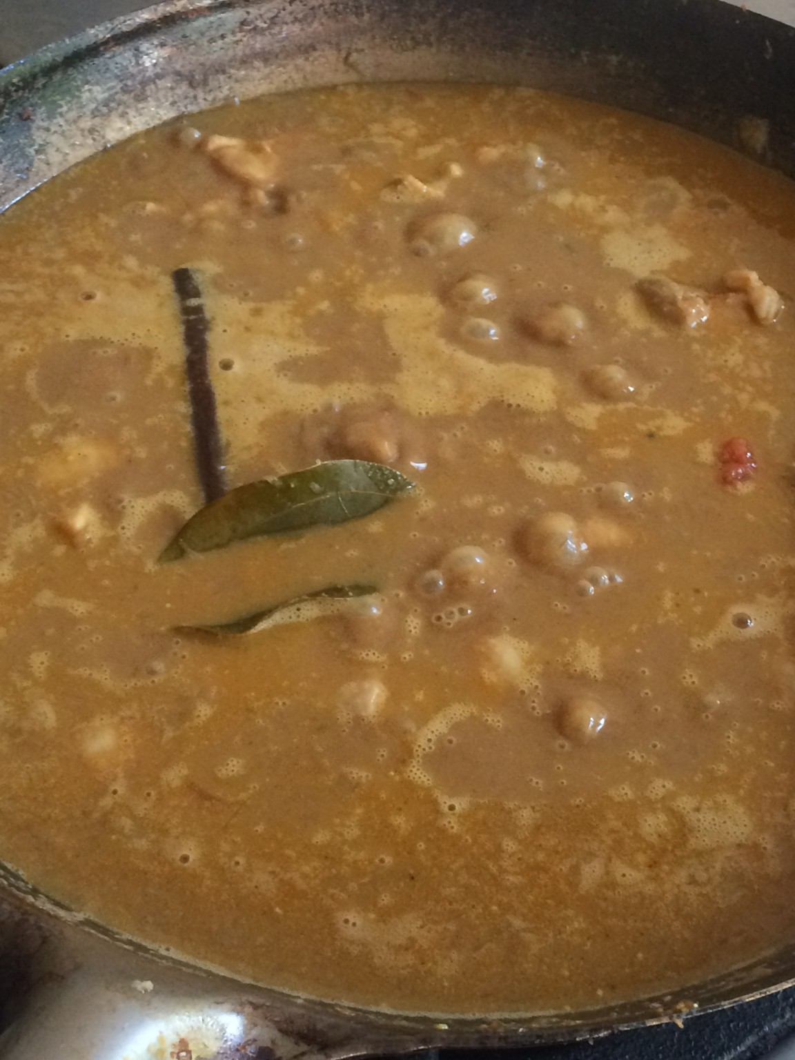 すべてのスパイス、具材を入れ終わったカレー☆黒い棒はシナモン、葉っぱは月桂樹です♪
